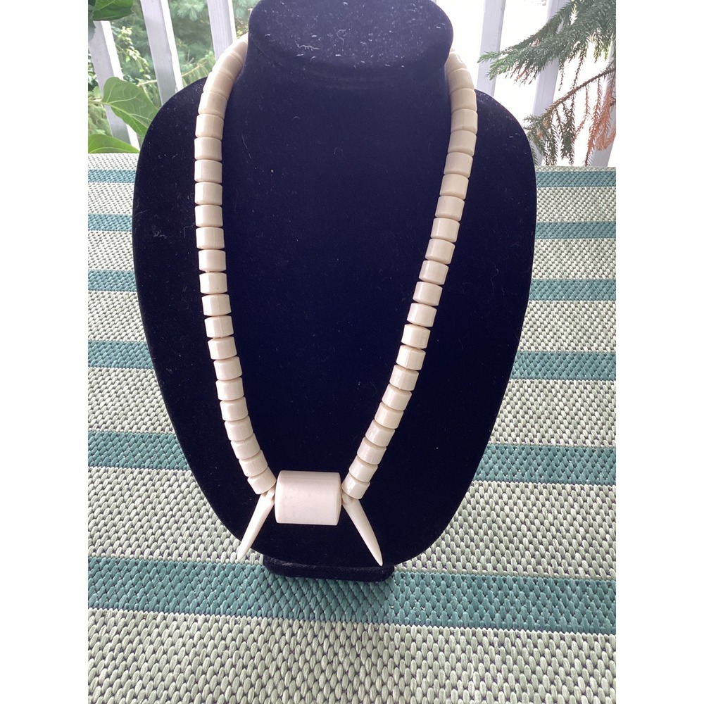 Handmade Beaded Statement Necklace Tribal Boho Tusk Cylinder Centerpiece beige